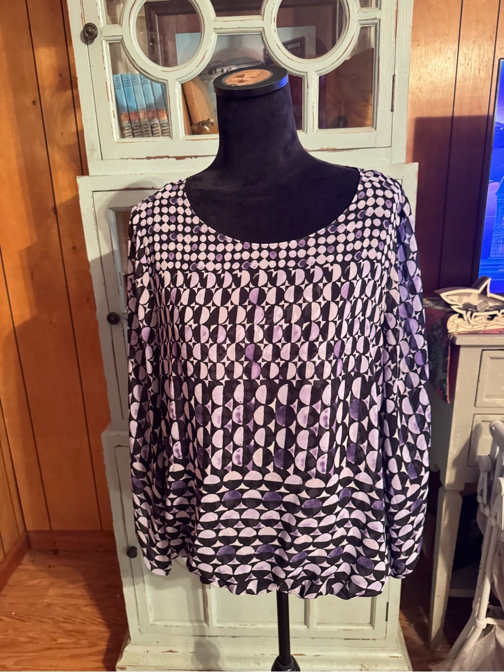 Women's Geometric Print Long-Sleeve Top - Purple/Black Alfani Size Large B2